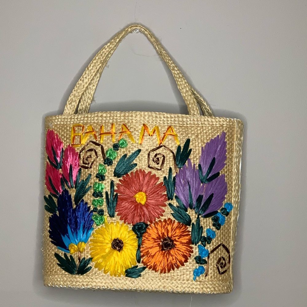 Vintage Straw Tote Bag with Flowers - Picture 1 of 2